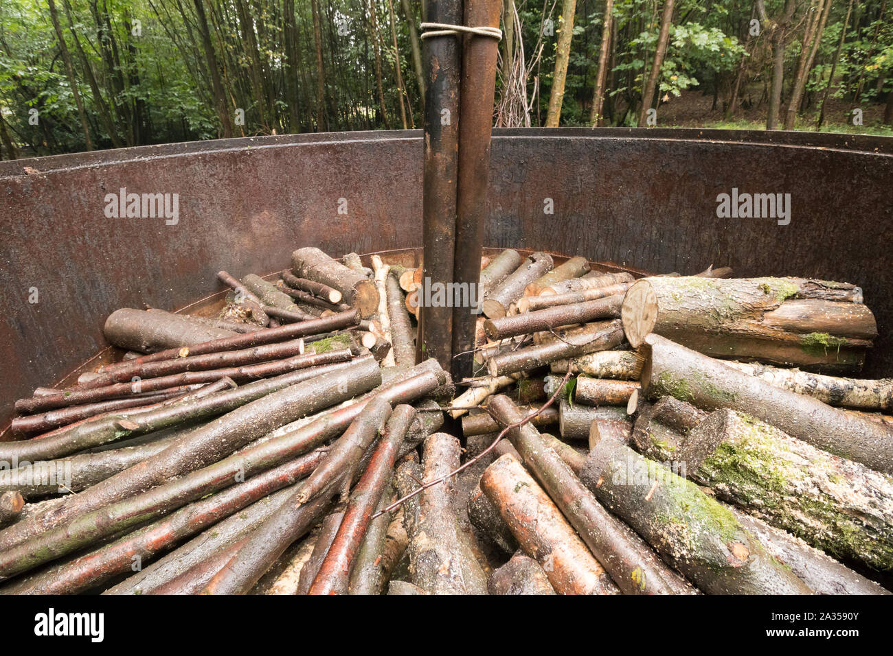 Tradizionale carbone forno impilate con cedui di log. Surrey, Regno Unito. Foto Stock