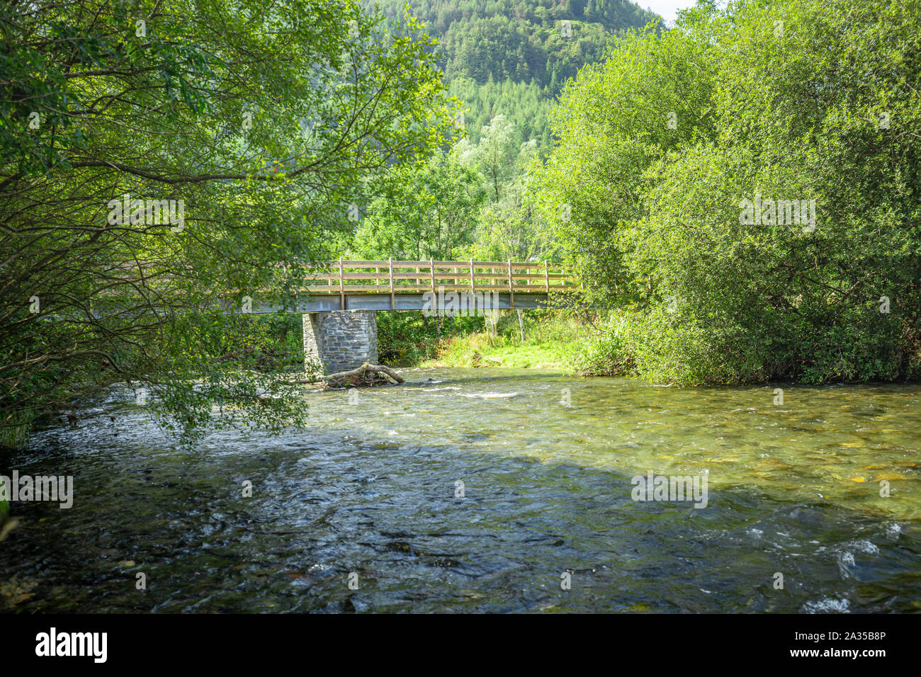 New Scenic 5 posti ponte sul fiume Dyfi a luminose giornate estive di dinas Mawddwy, il Galles del Nord. Regno Unito Foto Stock