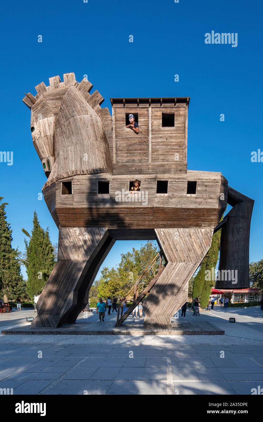 Gigantesco Cavallo di Troia replica in legno della città antica di Troy in Çanakkale, Turchia Foto Stock