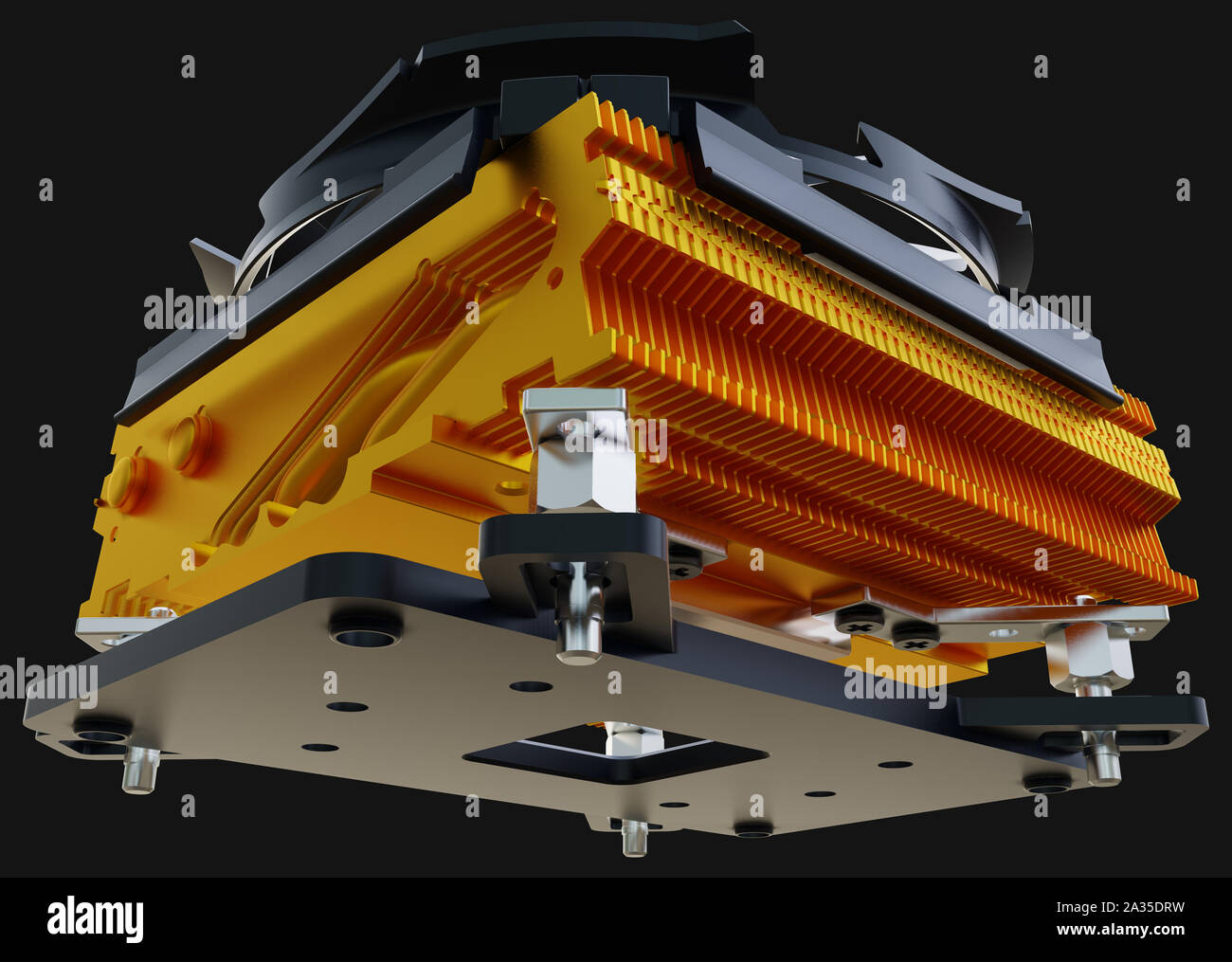 La ventola della CPU dello scambiatore di calore per PC isolati su sfondo. Il rendering 3D. Foto Stock