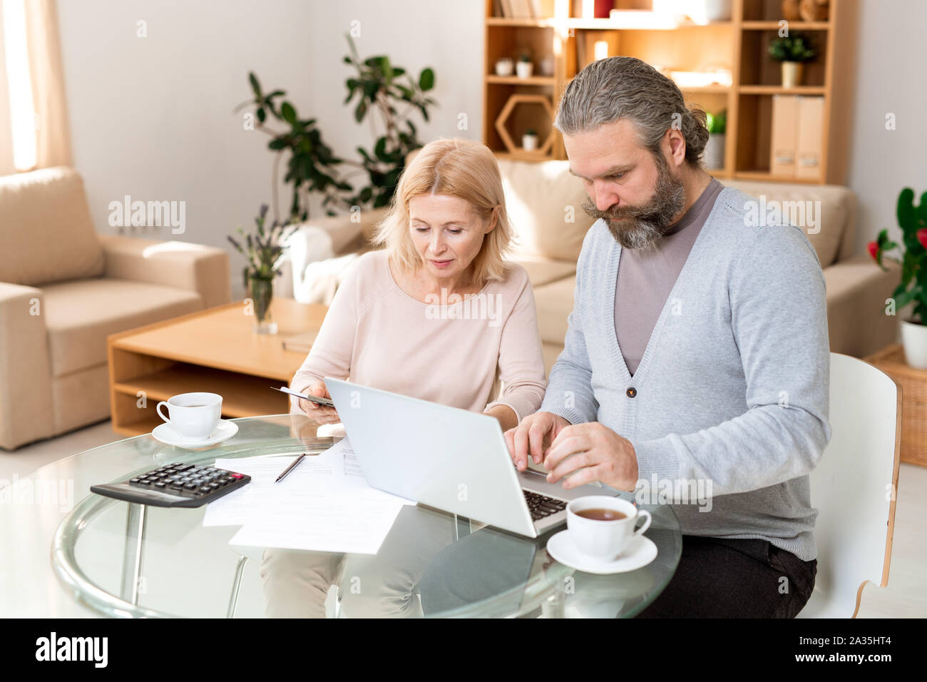Imprenditore maturo concentrando sulla rete mentre il suo collega leggendo il documento Foto Stock