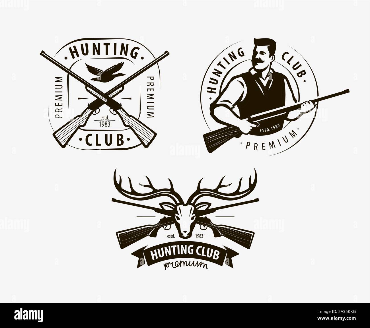 Set di etichette per club di caccia. Logo di ricerca, icona. Illustrazione vettoriale Illustrazione Vettoriale