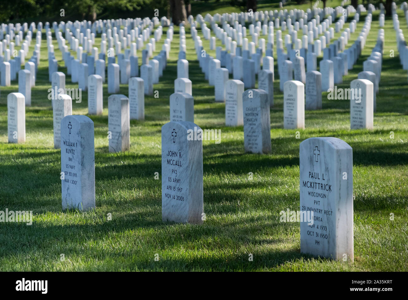 Righe di lapidi, il Cimitero Nazionale di Arlington, Washington DC, Stati Uniti d'America Foto Stock