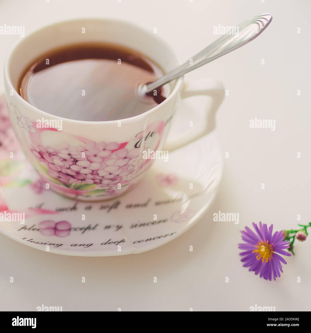 Tè nero con cucchiaio in un elegante vintage tazza di porcellana sul tavolo bianco. Delicato fiore violaceo crisantemo vicino a. Foto Stock