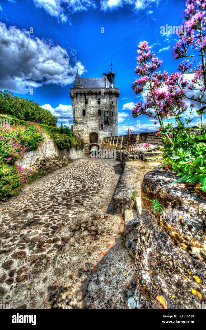 Chinon, Francia. Vista artistica della fortezza Royal con la Torre dell Orologio in background. Foto Stock