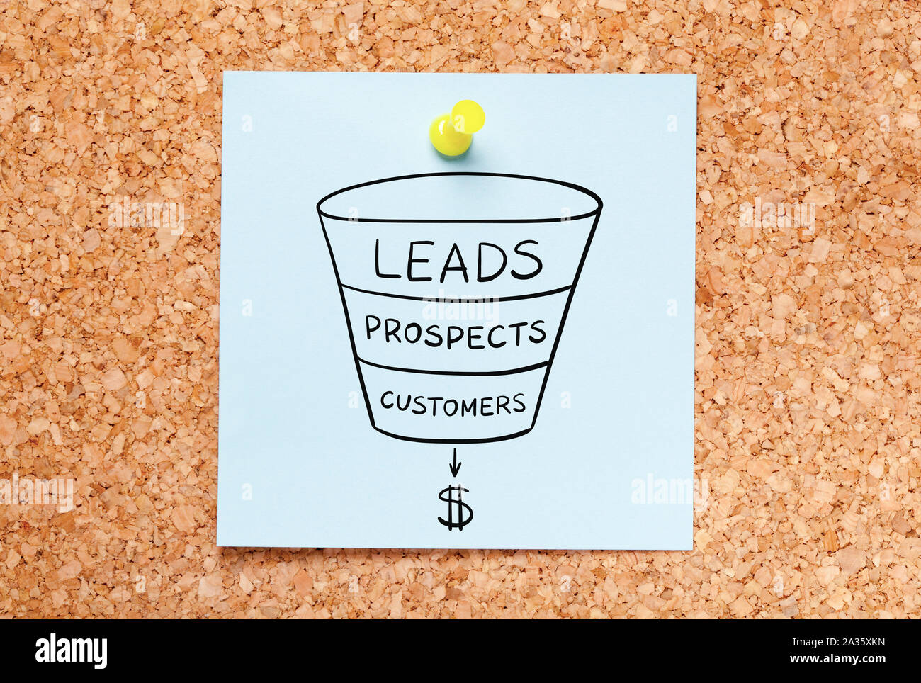 Imbuto di vendita la concezione di business disegnato su blu nota adesiva imperniata sul sughero bulletin board. Da conduce attraverso le prospettive per i clienti. Foto Stock