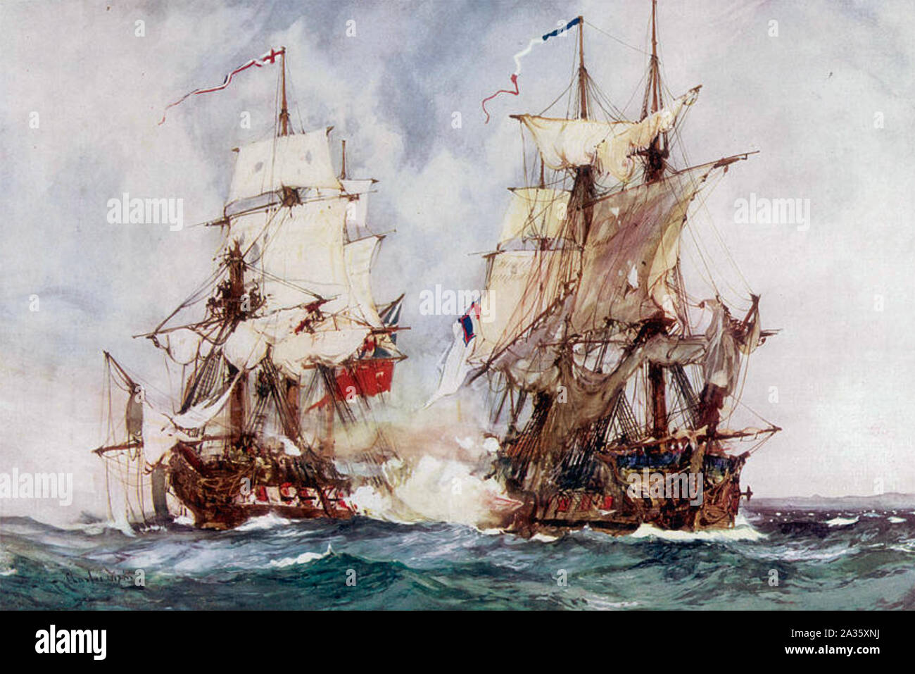 HMS CRESCENT a sinistra cattura la fregata francese Reunion fuori del Cotentin Peninisula, 20 Ottobre 1793 Foto Stock