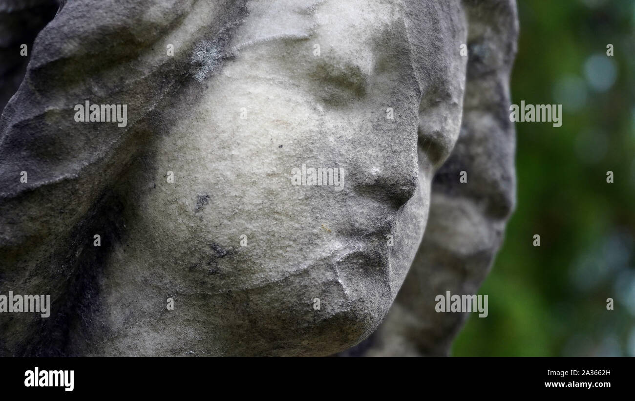 Una chiusura del volto di una statua di un cimitero vittoriano angel. Con una profondità di campo e sfondo sfocato. Foto Stock