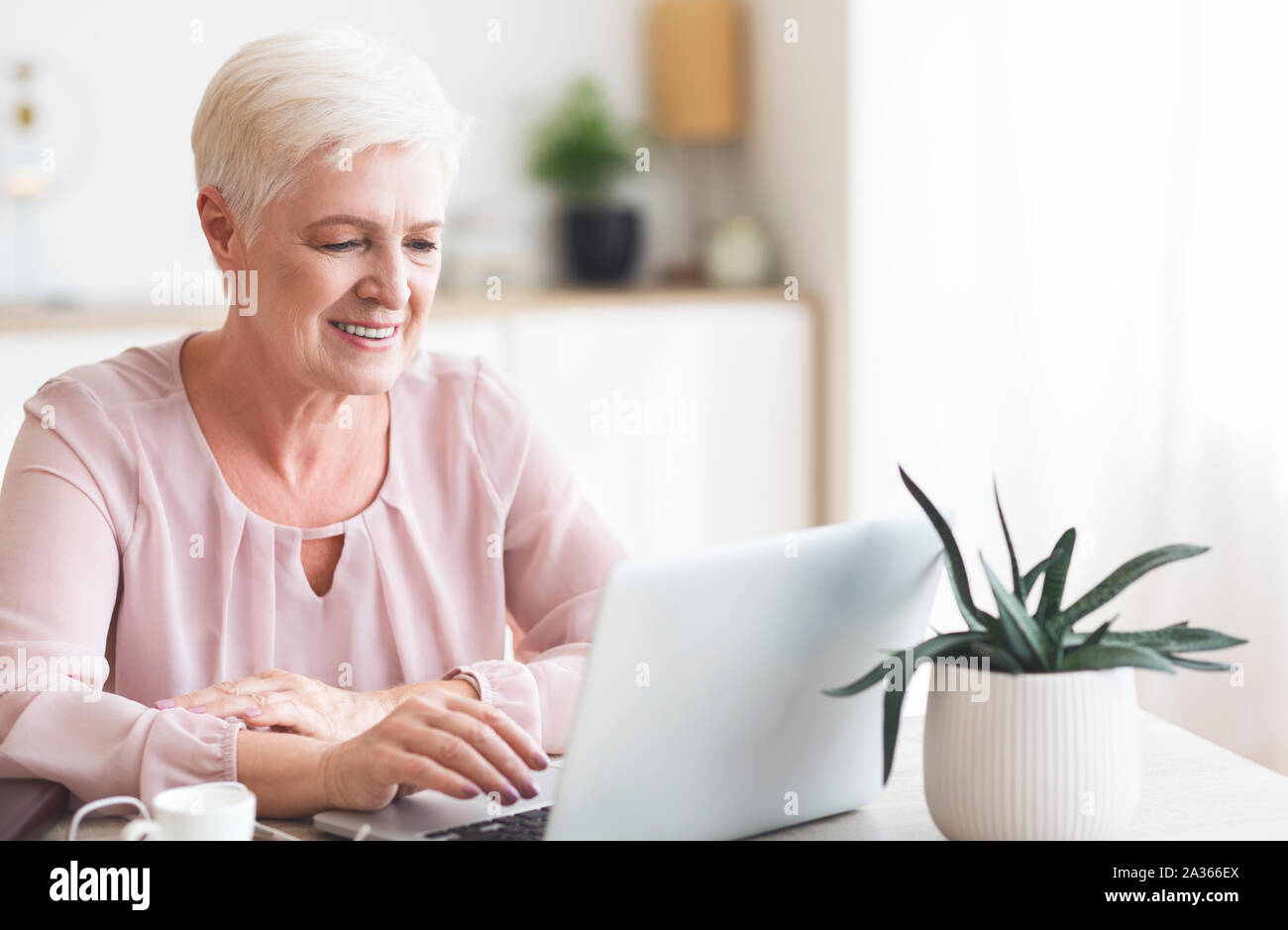 Sorridente senior business lady guardando al laptop Foto Stock