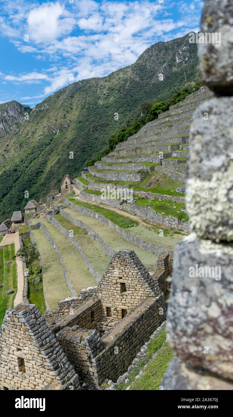 Machu Picchu, Perù - 21/05/2019: Inferiore sezione agricola presso il sito Inca di Machu Picchu in Perù. Foto Stock