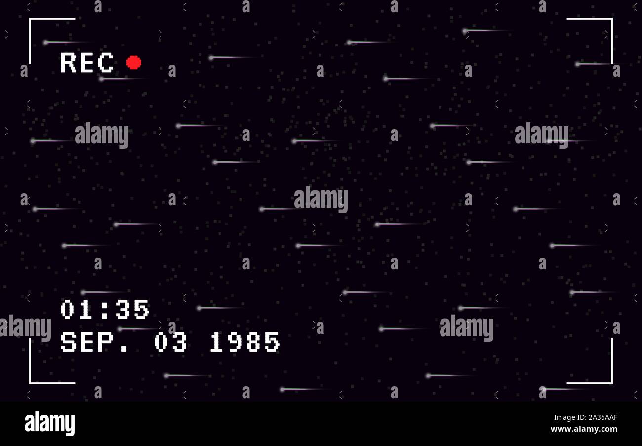 Glitch VHS effetto. Il vecchio modello della fotocamera su sfondo nero. Nastro retrò con distorsioni orizzontale. Video analogico e rumore. Nessun segnale concetto. Rotto Illustrazione Vettoriale
