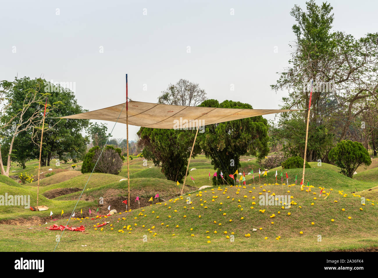 Phra Bang, Tailandia - 16 Marzo 2019: Chao Pho Khao Chalak cimitero Cinese. Marrone sporco tarp produrre ombra su una verde collina con fiori di colore giallo e Foto Stock