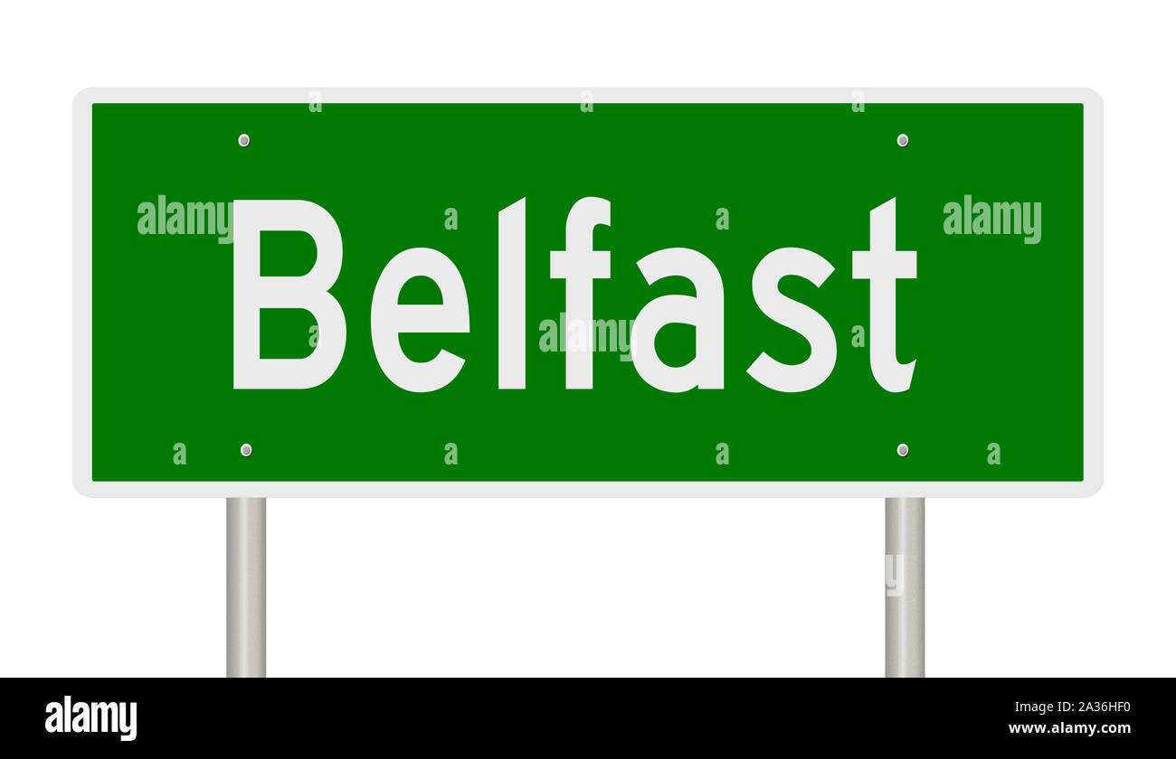 Il rendering di un verde 3d autostrada segno per Belfast in Irlanda del Nord Foto Stock