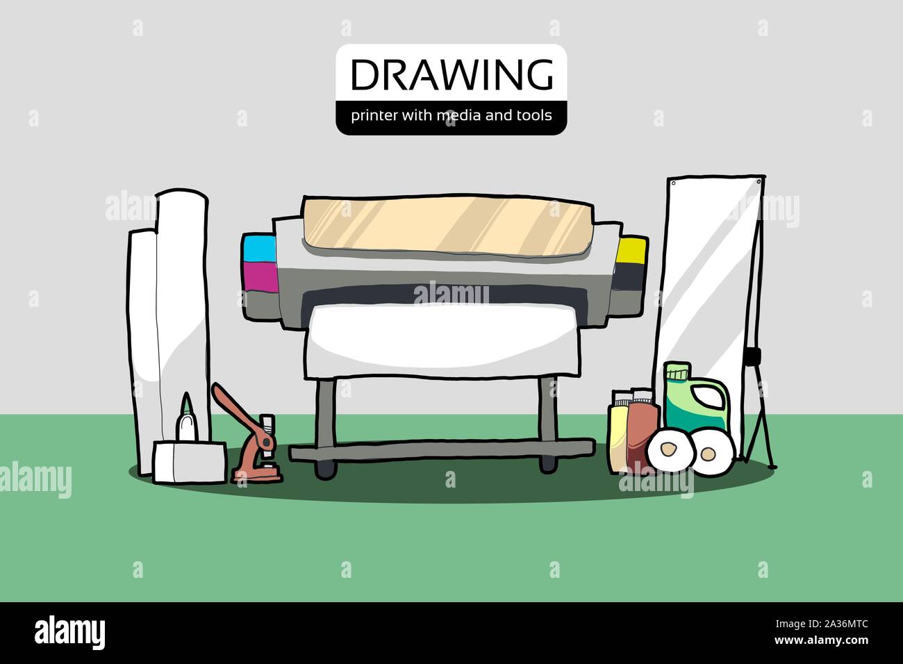 Lo stile di disegno della stampante o plotter con supporti e strumenti. Mano libera il vettore per colori retrò. Illustrazione Vettoriale