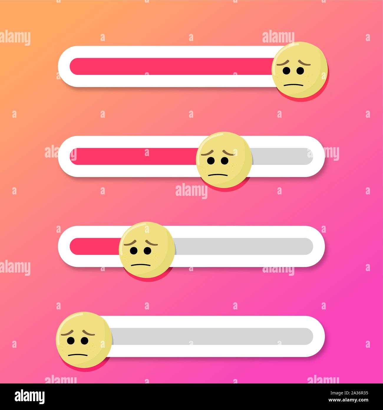 Triste barra di cursore Indicatore di interfaccia. Faccia emozione espressione con umore mal, sensazione di emoticon triste in retroazione tracker. Illustrazione Vettoriale Illustrazione Vettoriale