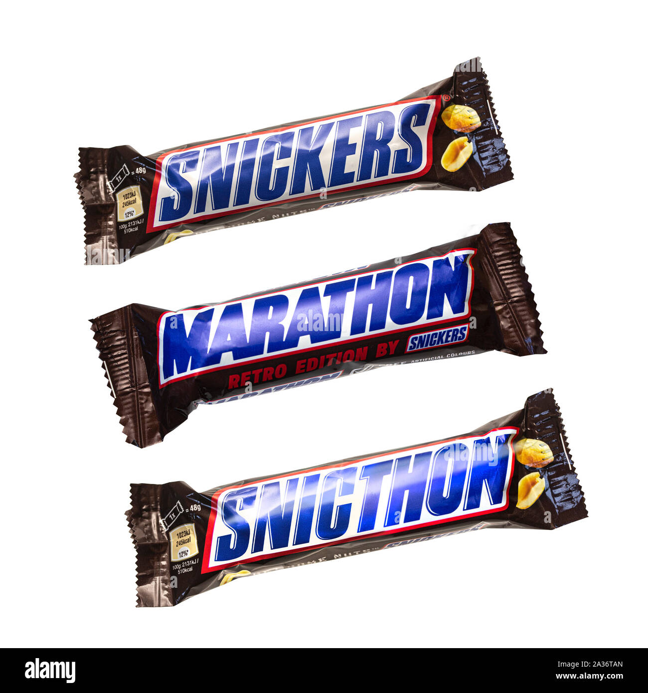 SWINDON, Regno Unito - 29 settembre 2016: Snickers, maratona e Snicthon barrette di cioccolato su uno sfondo bianco Foto Stock
