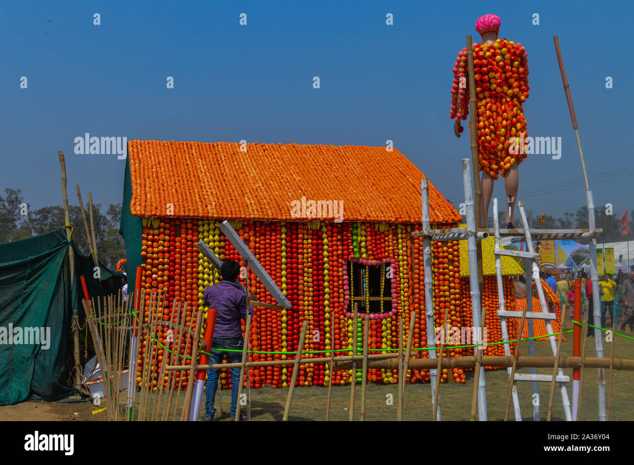 Una statua di casa indiana e agricoltore indiano che è realizzato in cotone e frutta vetrina in agricoltura festival, pusa, Nuova Delhi. Foto Stock