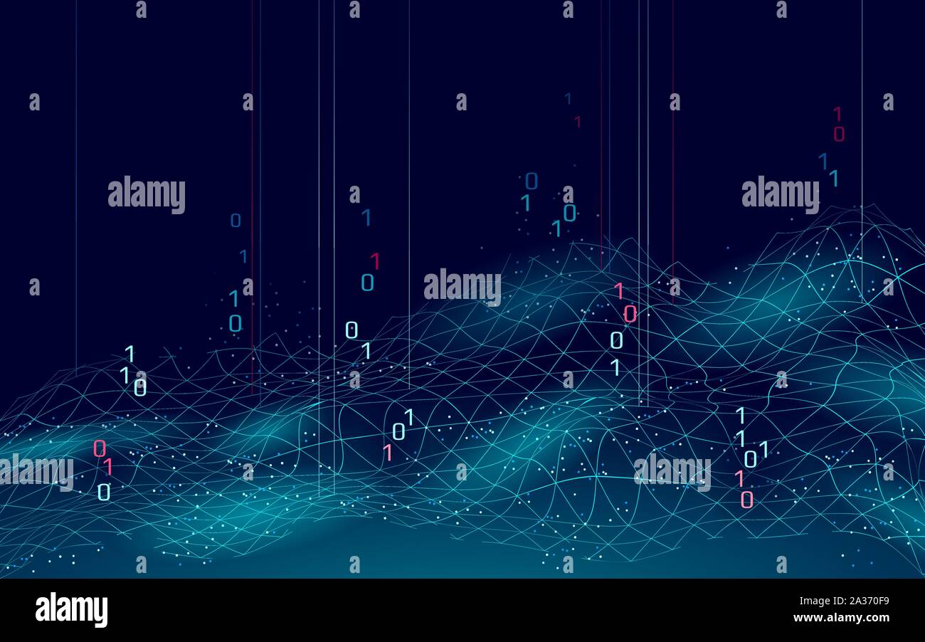 Panorama digitale astratto sfondo blu 3D. Concetto di analisi dei dati del flusso di codice informativo. Vettore di punti connessi a particelle di mesh a griglia moderna Illustrazione Vettoriale