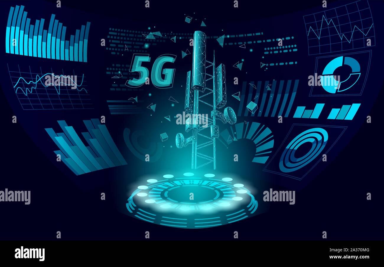 Ricevitore stazione base 3d. Torre di telecomunicazione 5g Display HUD poligonale trasmettitore di informazioni di connessione globale. Antenna cellulare radio mobile Illustrazione Vettoriale