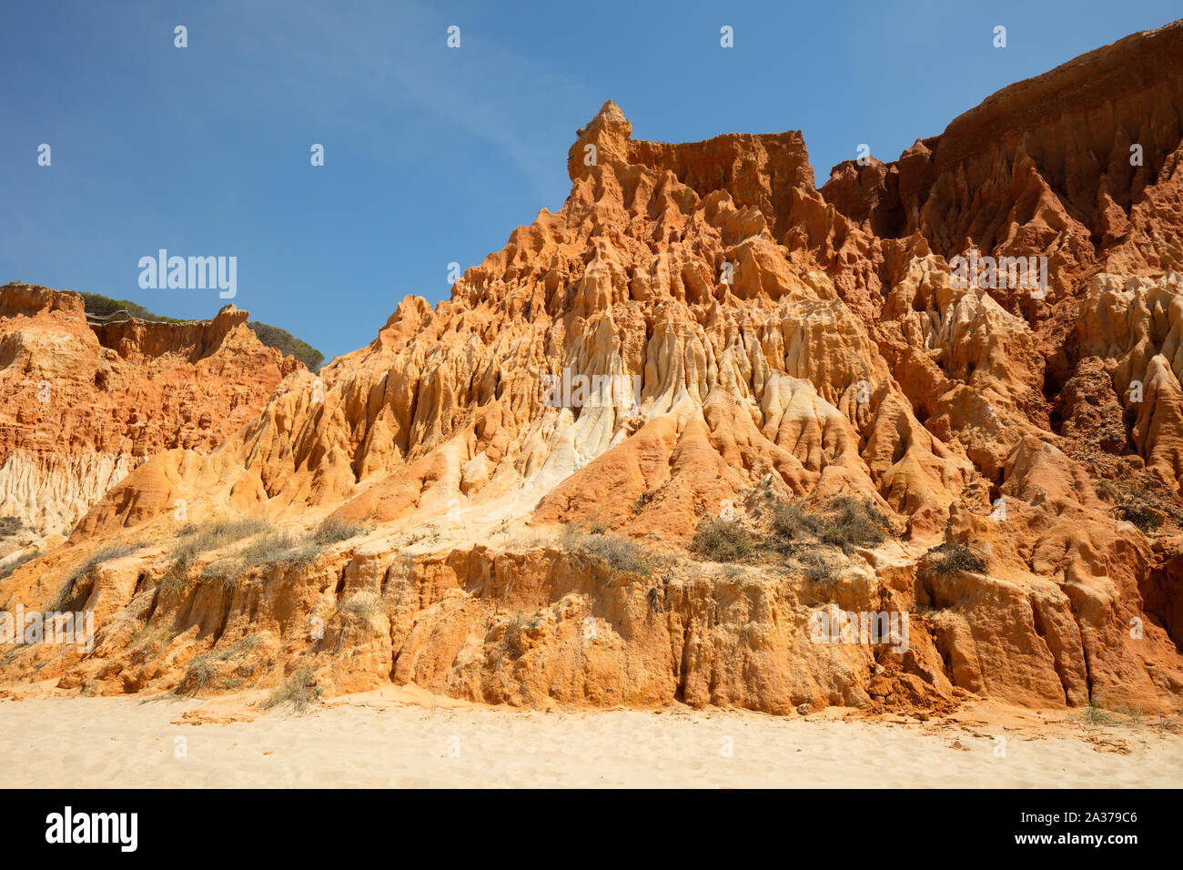Costa rocciosa di arenaria presso la costa atlantica, Algarve Foto Stock