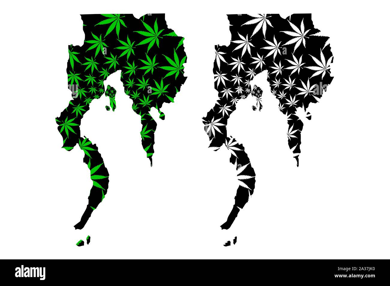 Davao regione (regioni e province delle Filippine) mappa è progettato Cannabis leaf verde e nero, a sud di Mindanao (Regione XI) mappa fatta di marij Illustrazione Vettoriale