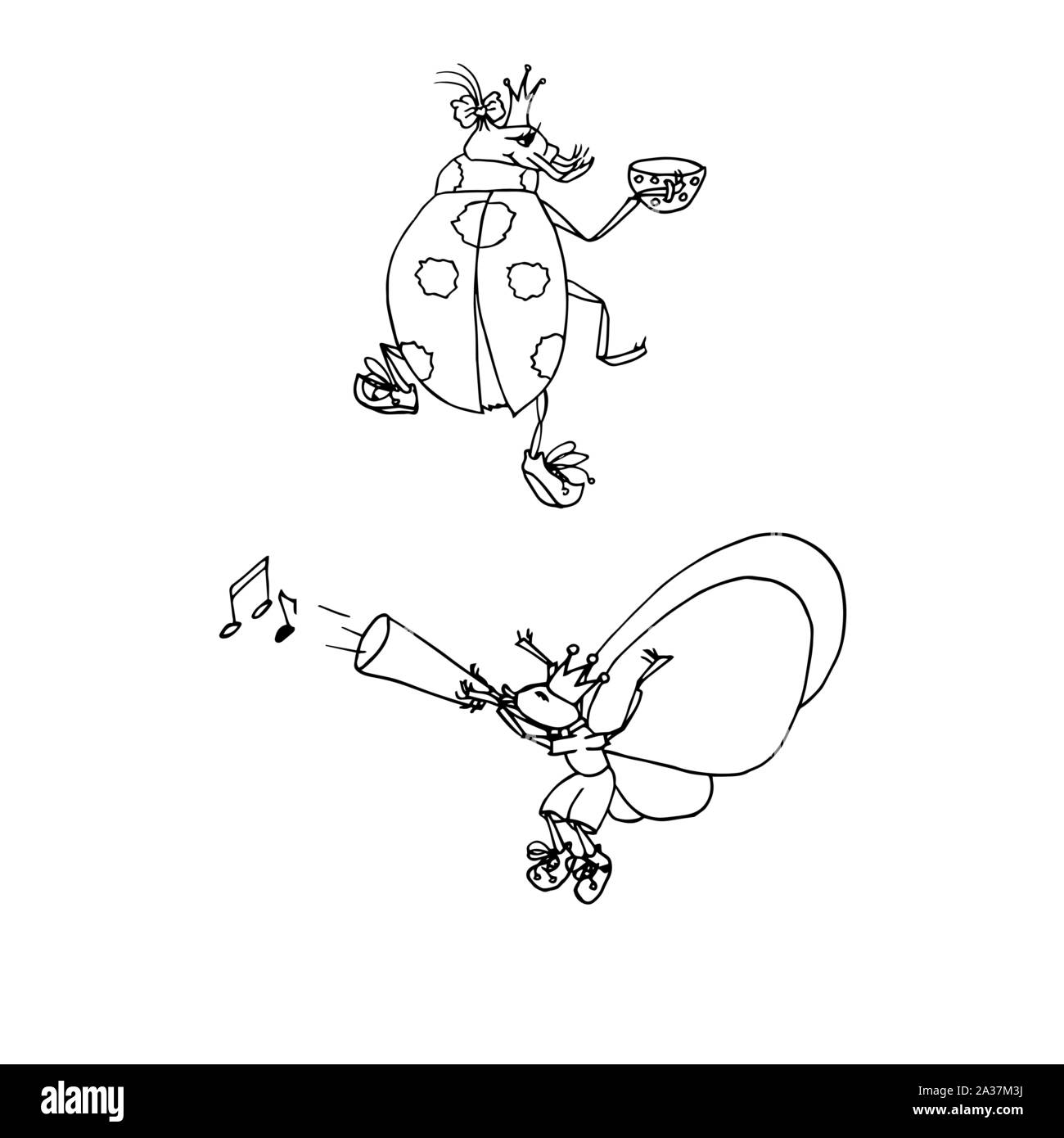 Lady bug e Butterfly. Cartoon doodle sketch. Contorno nero su sfondo bianco. Immagine può essere utilizzato in biglietti di auguri, poster, volantini, banner, logo, disegno botanico ecc. Illustrazione Vettoriale. EPS10 Illustrazione Vettoriale