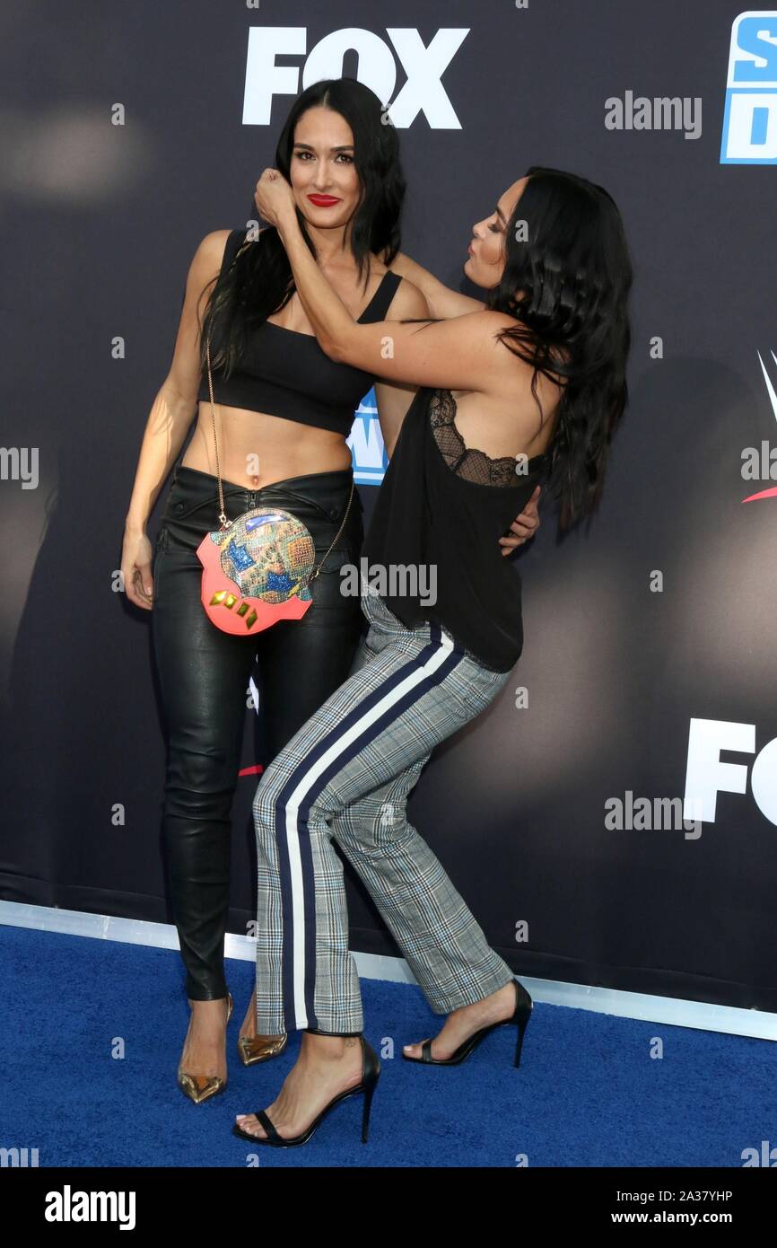 Brie Bella e Nikki Bella presso gli arrivi per WWE ventesimo anniversario di SmackDown Premiere, STAPLES Center di Los Angeles, CA Ottobre 4, 2019. Foto di: Priscilla concedere/Everett Collection Foto Stock