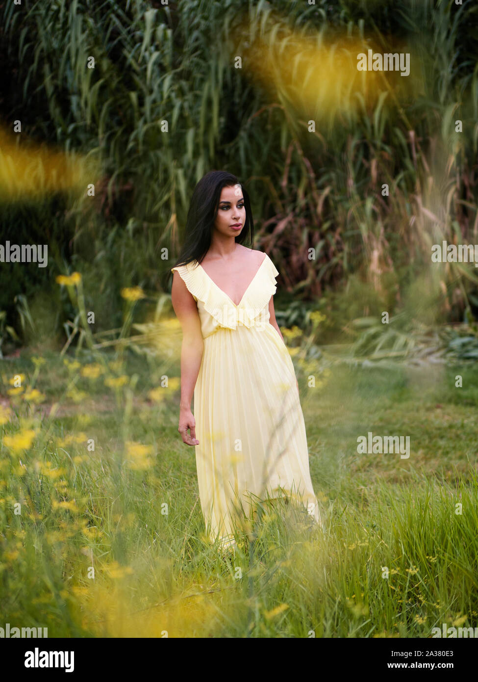 Giovane e bella donna che indossa eleganti lungo abito giallo in natura Foto Stock