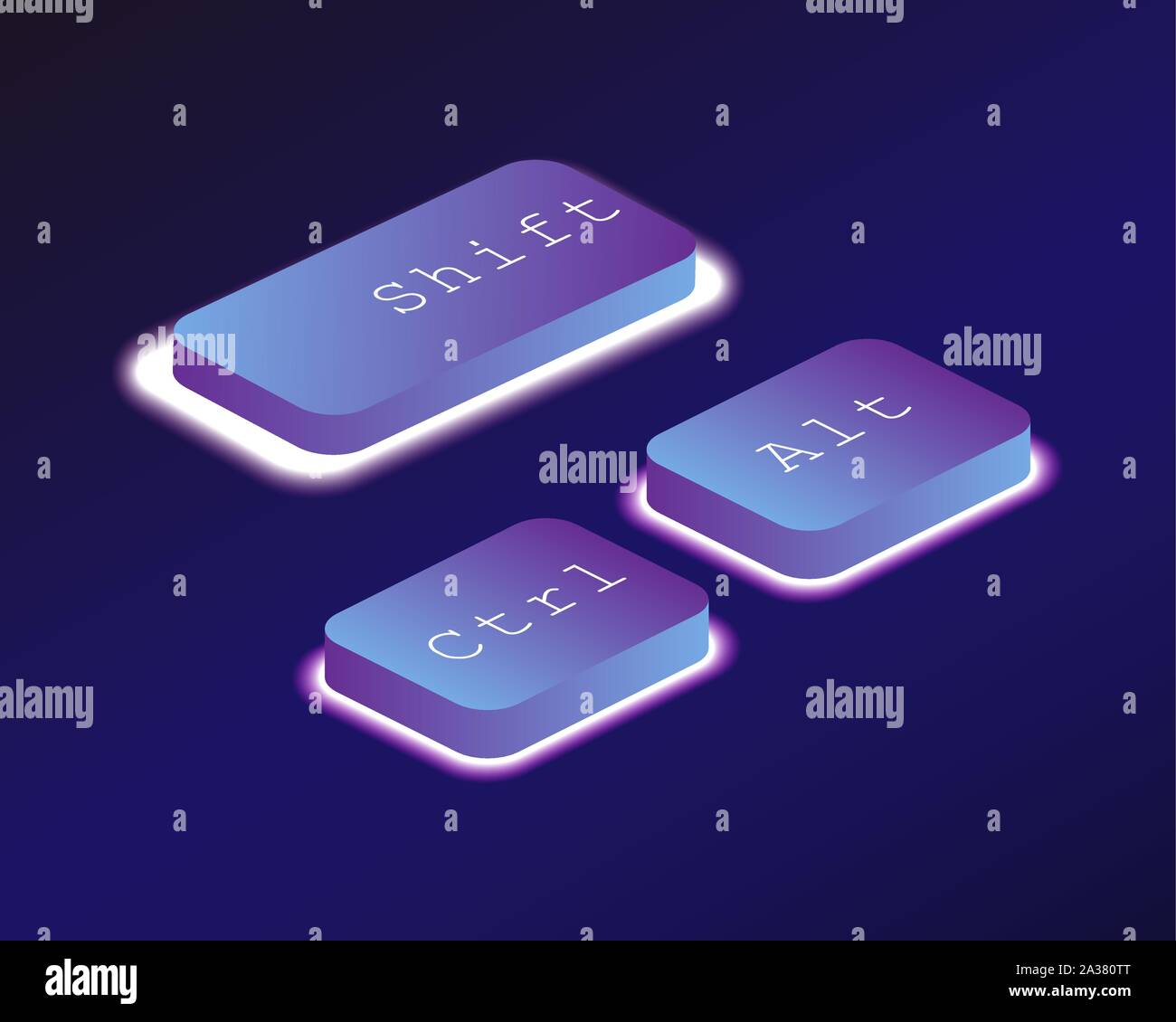 Combinazione, Ctrl, Alt, Maiusc. Coperto con un neon di tastiera retroilluminata pulsante. Sviluppo Software concetto. Illustrazione Vettoriale. Illustrazione Vettoriale