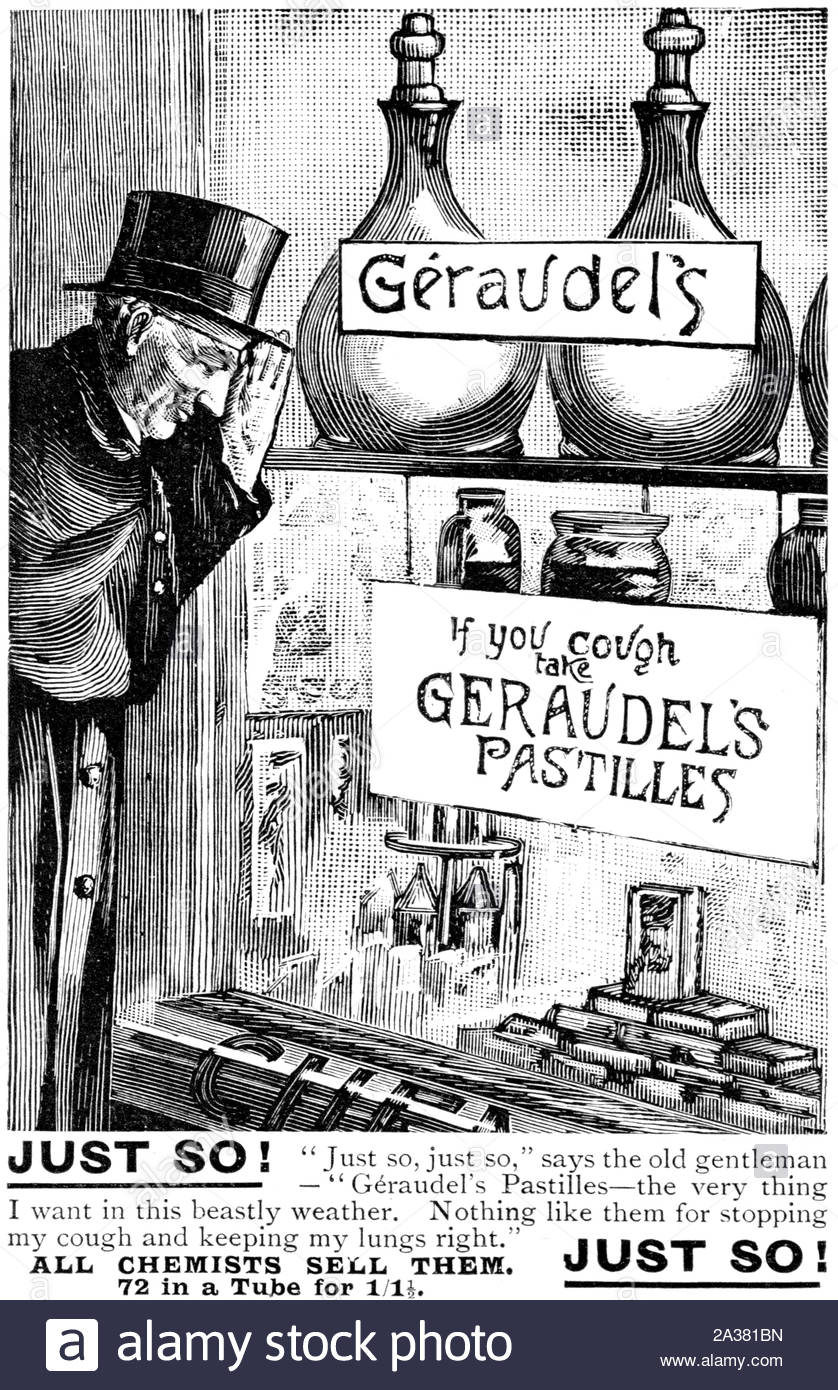 Era Vittoriana, Geraudel di pastiglie per la tosse, vintage pubblicità dal 1899 Foto Stock