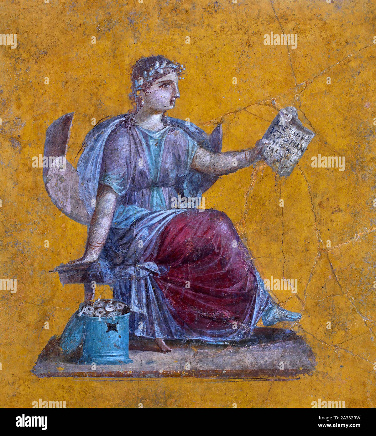 Frammento di pittura murale: Clio, musa della Storia 62 - 79 AD Pompei, Villa di Julia Felix Romano, Italia, Foto Stock