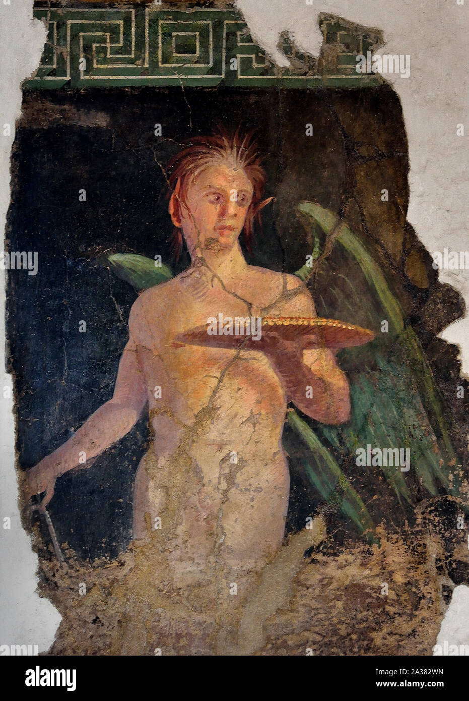 Frammento di pittura murale: genio alato secolo a.c. Boscoreale, vicino a Pompei, peristilio della villa di Fannius Synistor murale Romano, Italia. Foto Stock