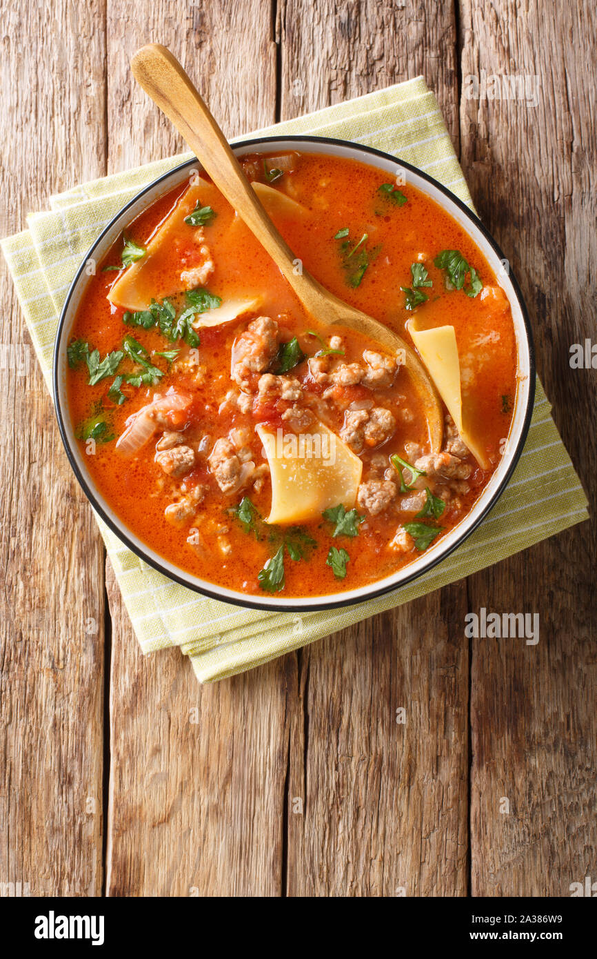 Fresco e fragrante zuppa di lasagne con carne macinata closeup in una piastra. Verticale in alto vista da sopra Foto Stock