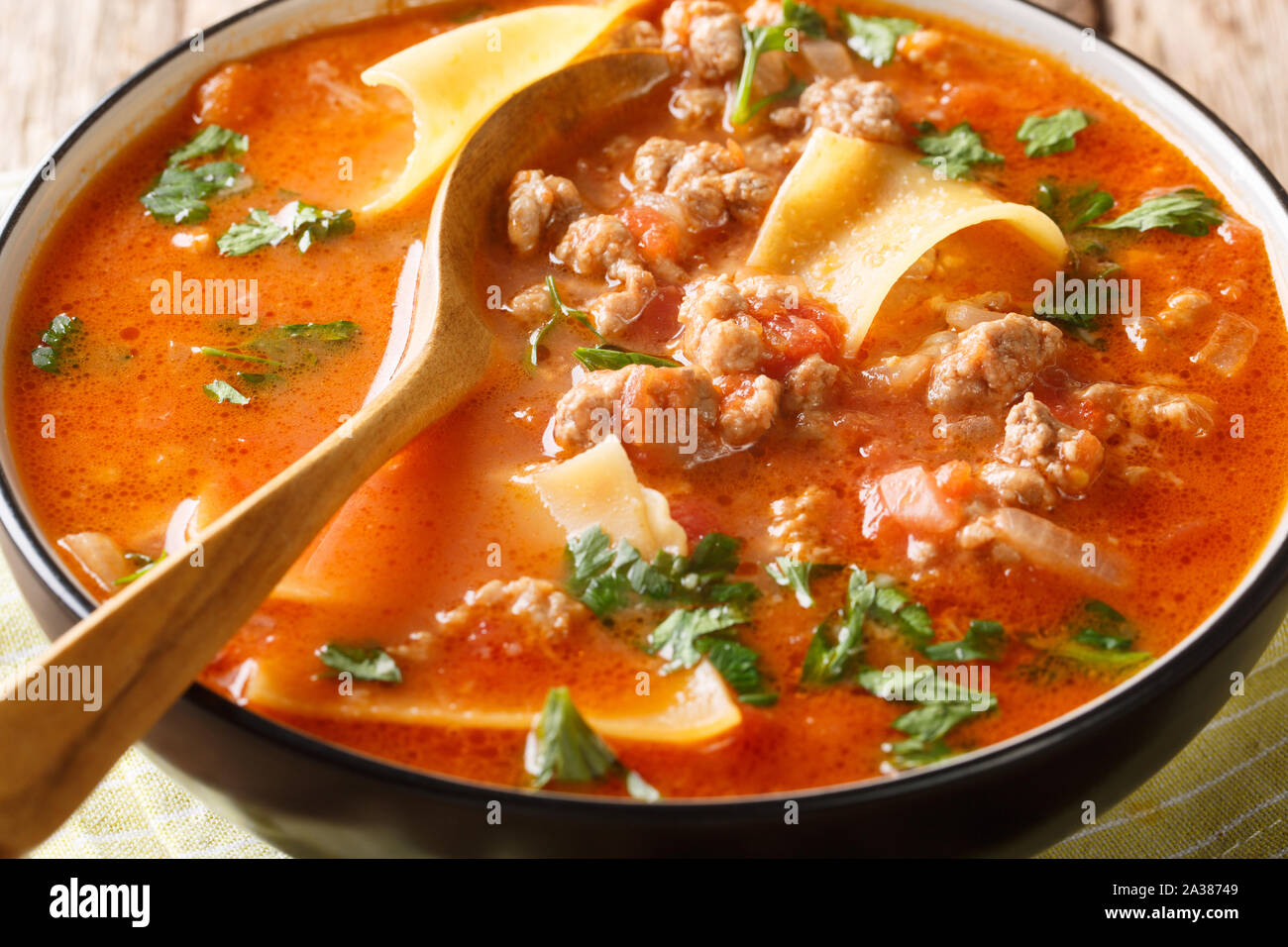 Fresco e fragrante zuppa di lasagne con carne macinata closeup in una piastra orizzontale. Foto Stock