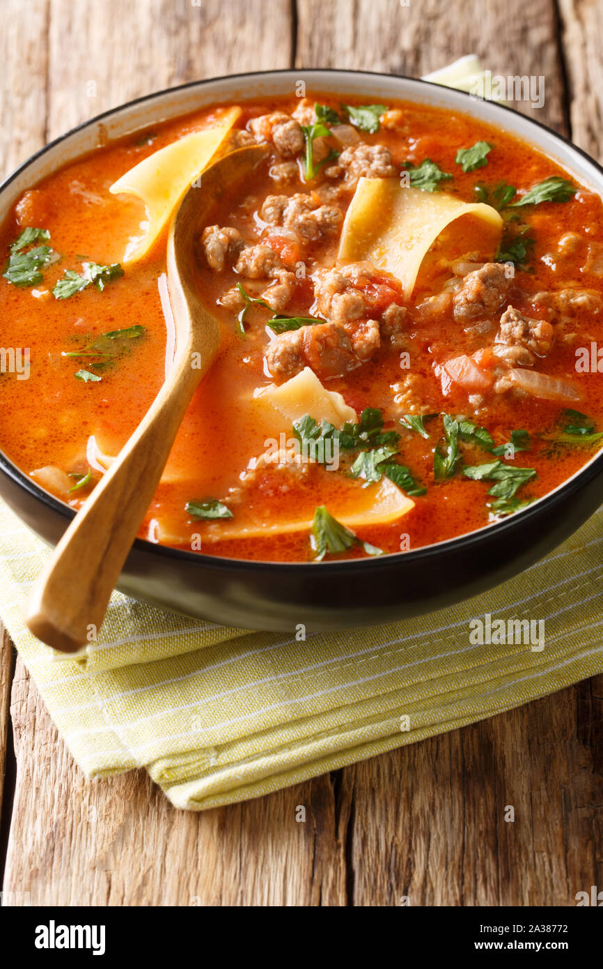 Pomodoro zuppa di lasagne con carne macinata closeup in una piastra sul piano verticale. Foto Stock