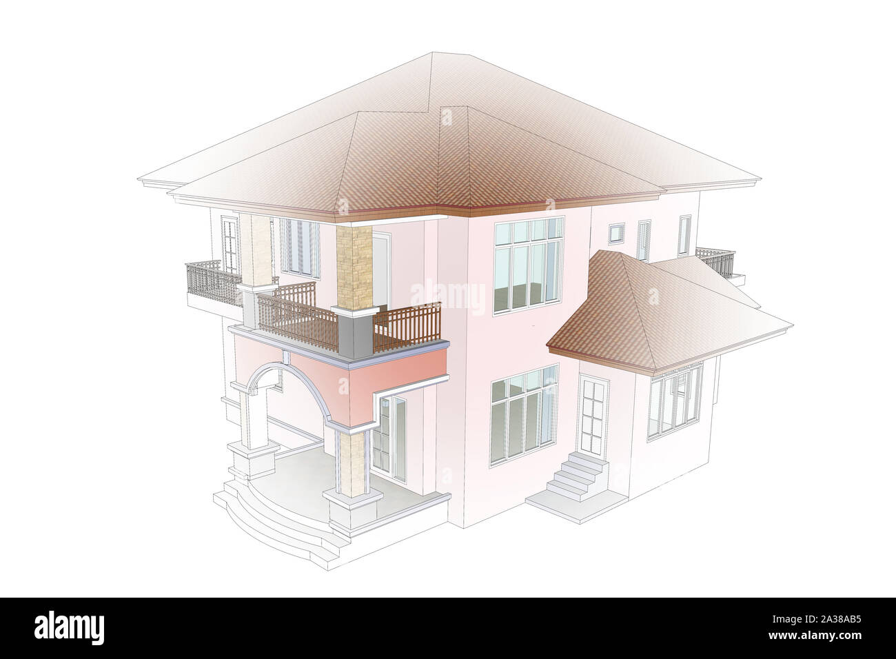 Modello 3D di colore a due piani casa con colore di contrasto di blueprint. Foto Stock