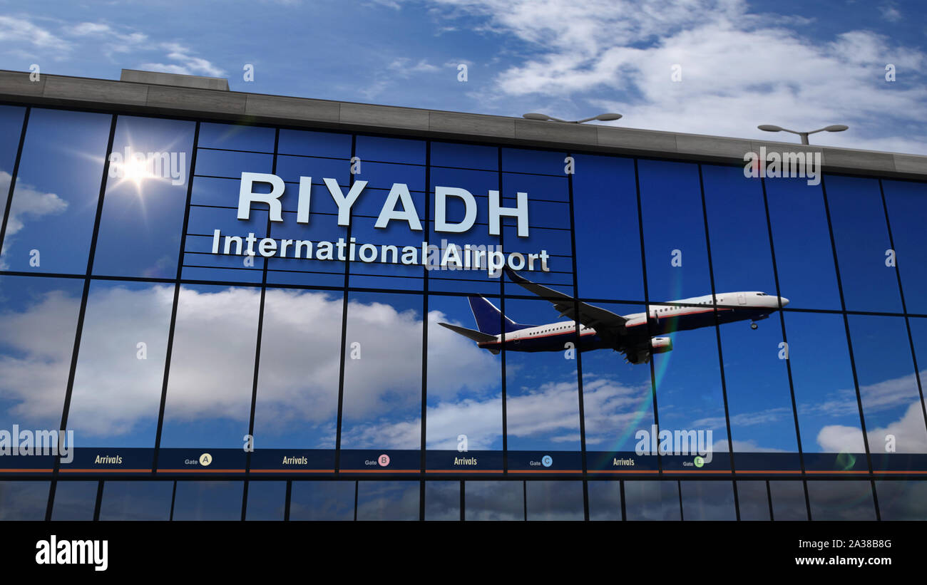 Gli aeromobili jet in atterraggio a Riyadh, Arabia Saudita il rendering 3D'illustrazione. Arrivo in città con il vetro terminal aeroportuale e di riflessione del piano Foto Stock