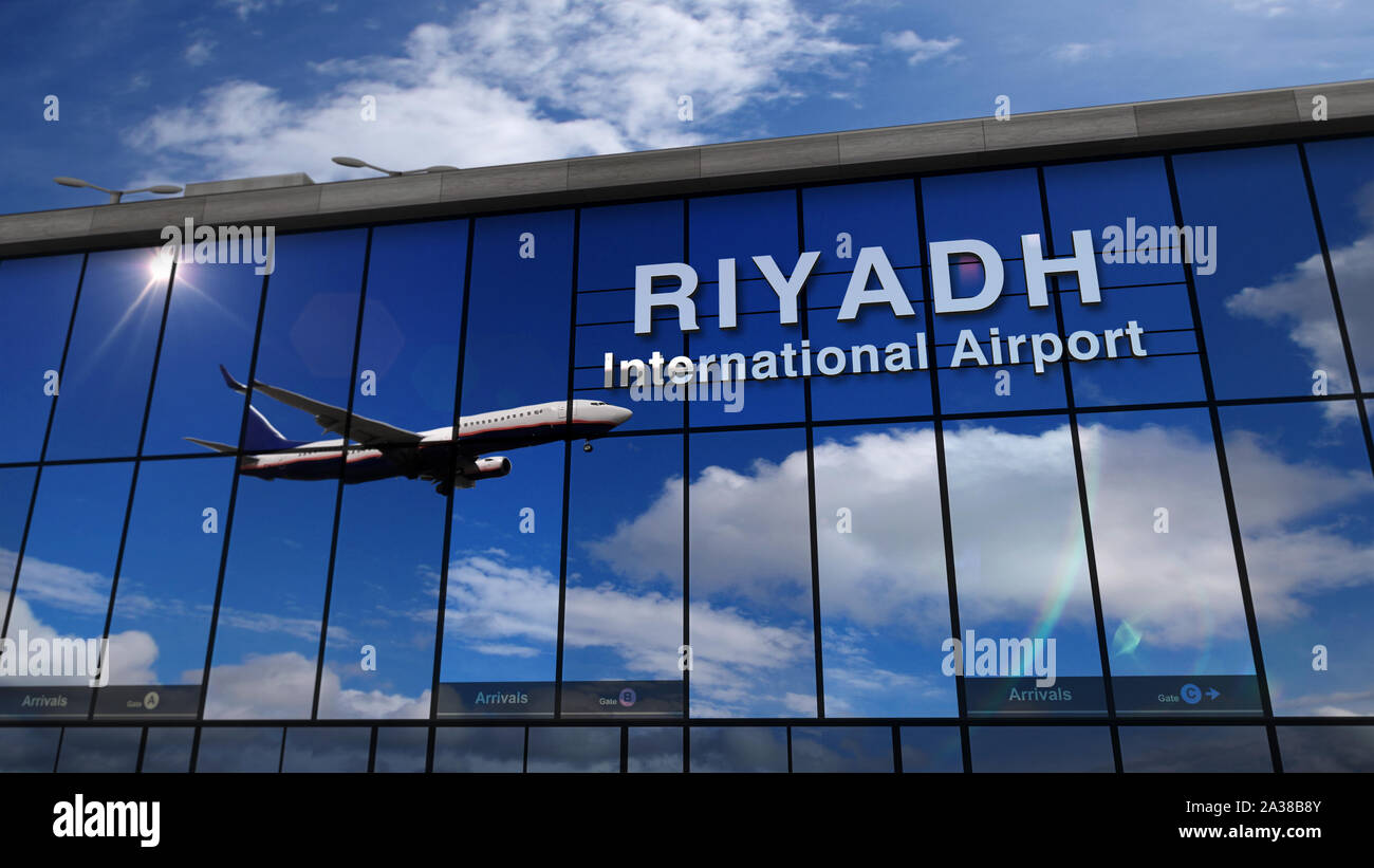 Gli aeromobili jet in atterraggio a Riyadh, Arabia Saudita il rendering 3D'illustrazione. Arrivo in città con il vetro terminal aeroportuale e di riflessione del piano Foto Stock