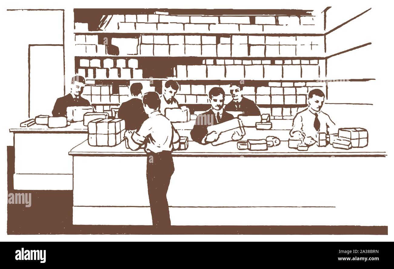 Diversi dipendenti Imballo pacchi in un ufficio di un edificio storico della consegna diretta del servizio. Illustrazione dopo una litografia risalente agli inizi del XX secolo Illustrazione Vettoriale