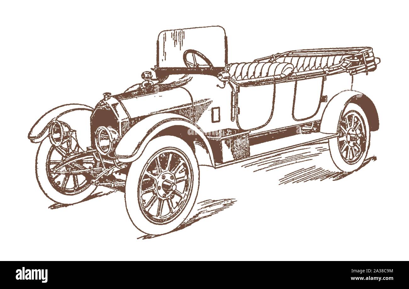 Storici British Touring Car nel trimestre vista frontale. Illustrazione dopo una litografia risalente agli inizi del XX secolo Illustrazione Vettoriale