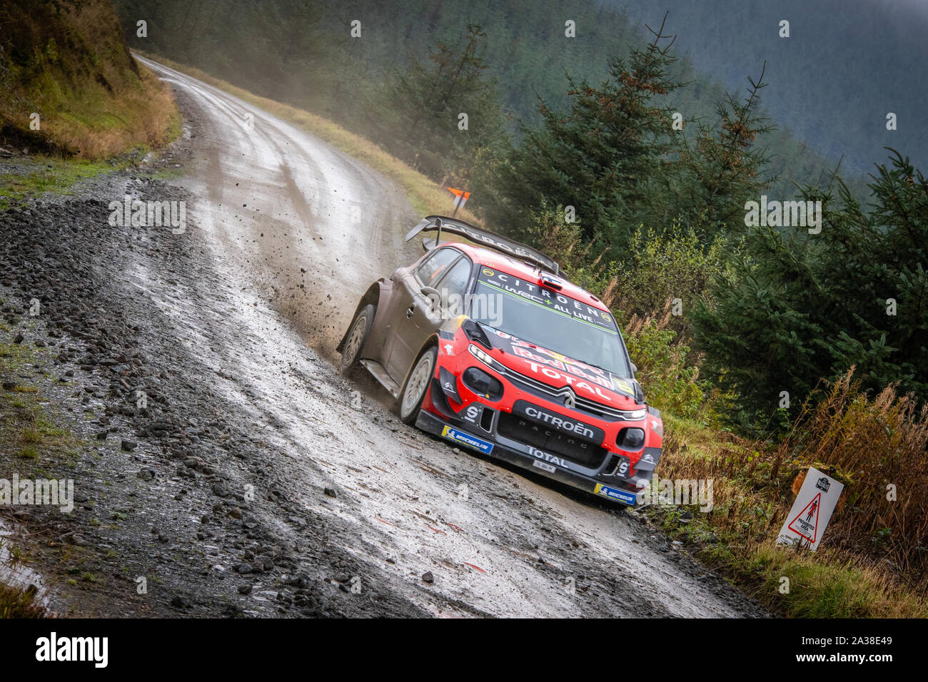 Esapekka Lappi (Finlandia) di guida attraverso la Myherin tappa del Rally del Galles GB 2019 in Citroen C3 WRC World Rally Car Foto Stock