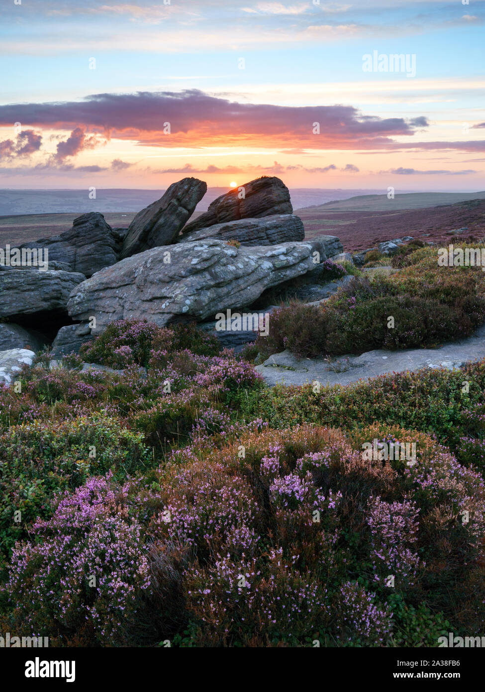 Il Rising Sun è incorniciato da weathered gritstone massi a Oriente pietre Buck su Rombalds Moor, Yorkshire, durante la fioritura heather stagione. Foto Stock