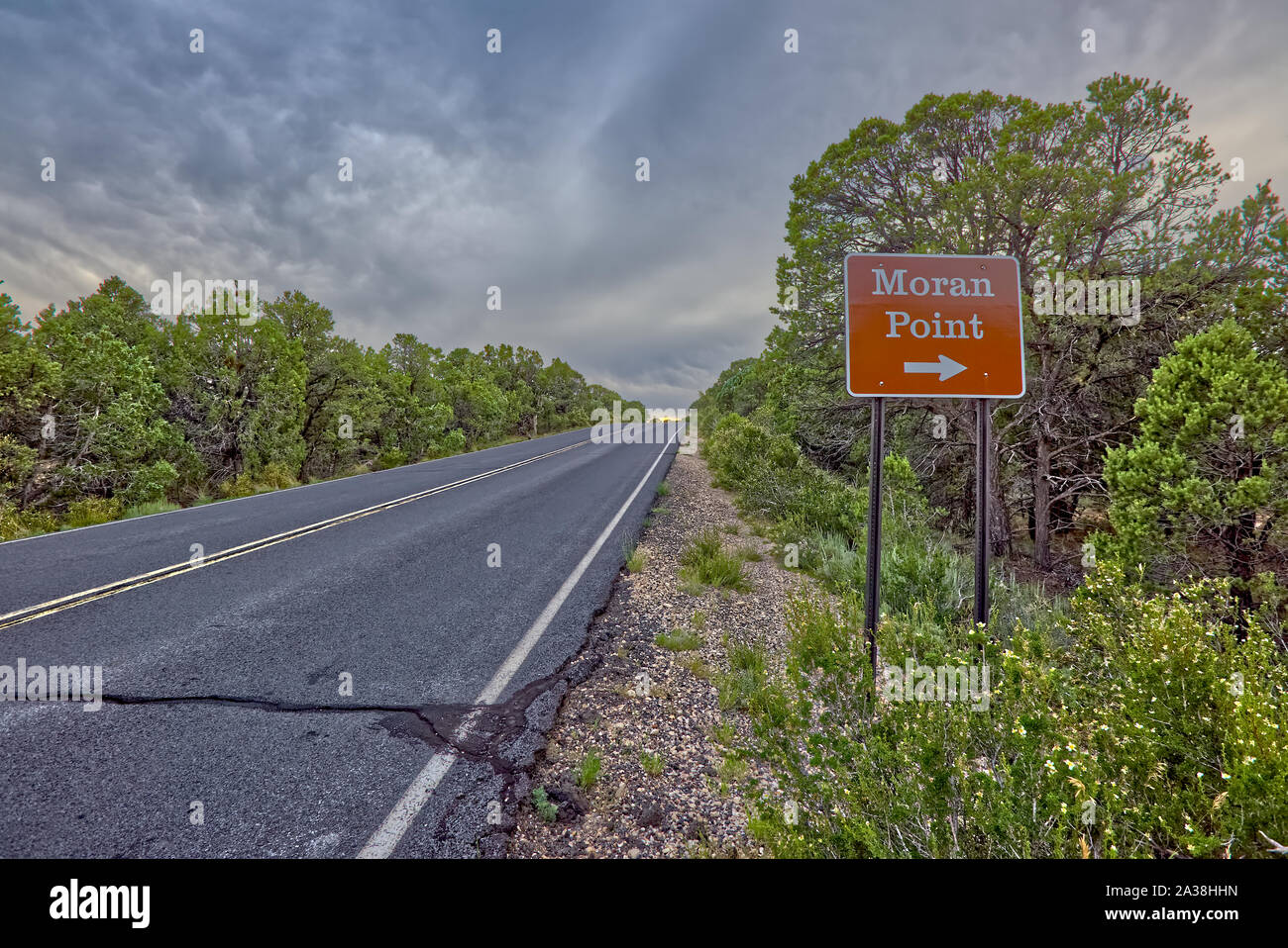 Moran Point road sign lungo l'autostrada 64, Grand Canyon, Arizona, Stati Uniti Foto Stock