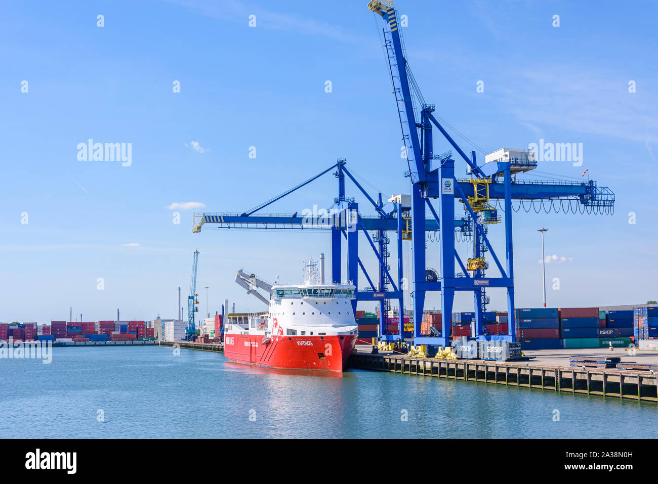 Gru per rimozione ISO container di spedizione da navi merci nel porto di Rotterdam, Paesi Bassi. Foto Stock