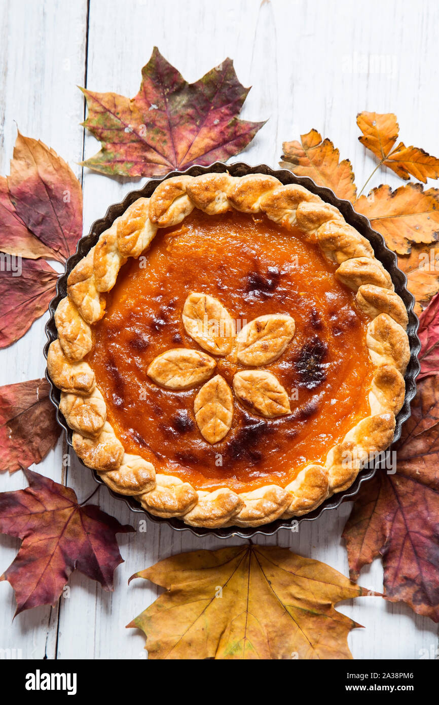 Torta di zucca con secco di foglie di autunno Foto Stock