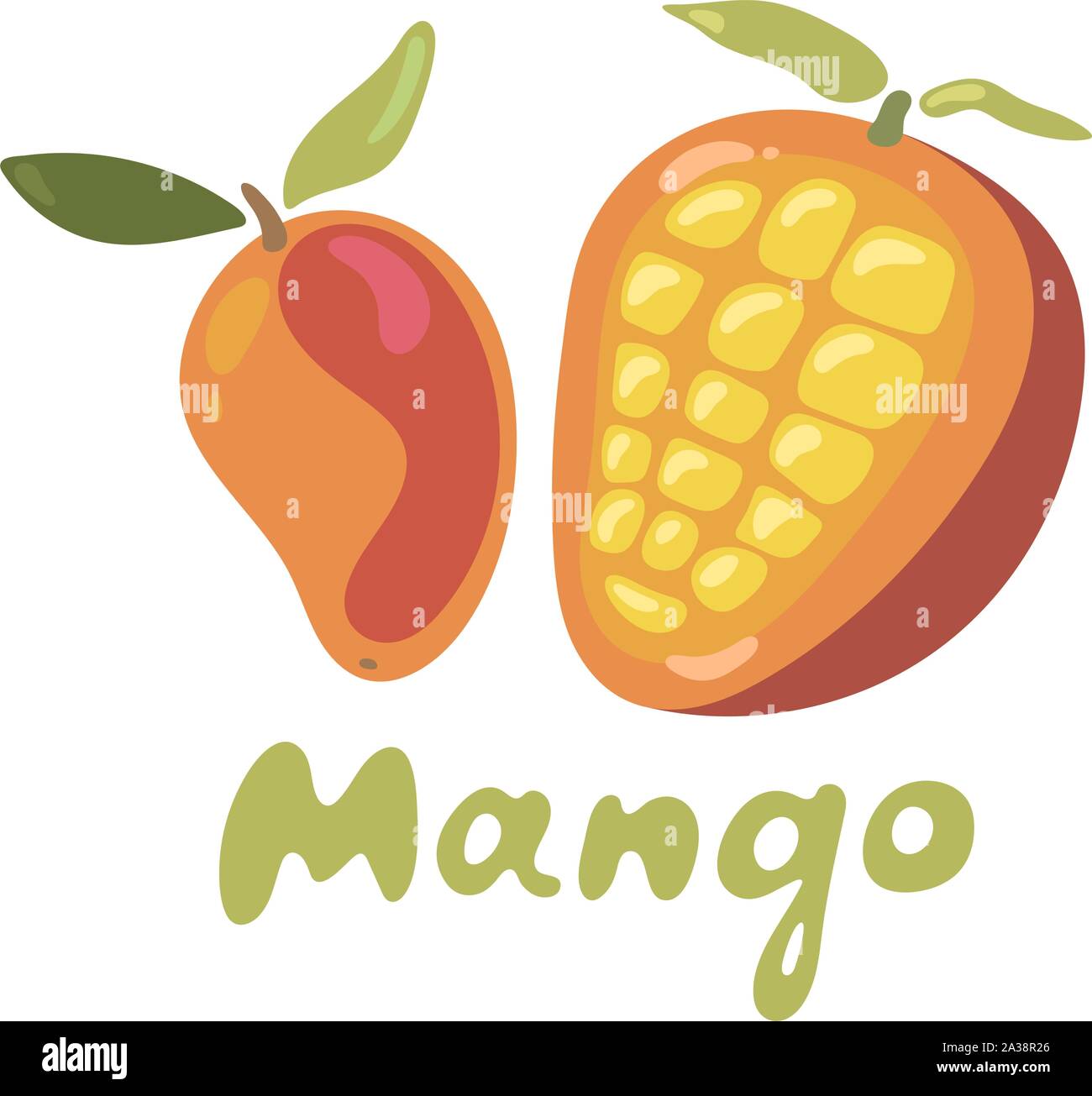 Vector mature giallo, arancione, rosso intero e fette di mango a cubetti con foglie isolati su sfondo bianco. Il logo di mango template vettoriale Illustrazione Vettoriale