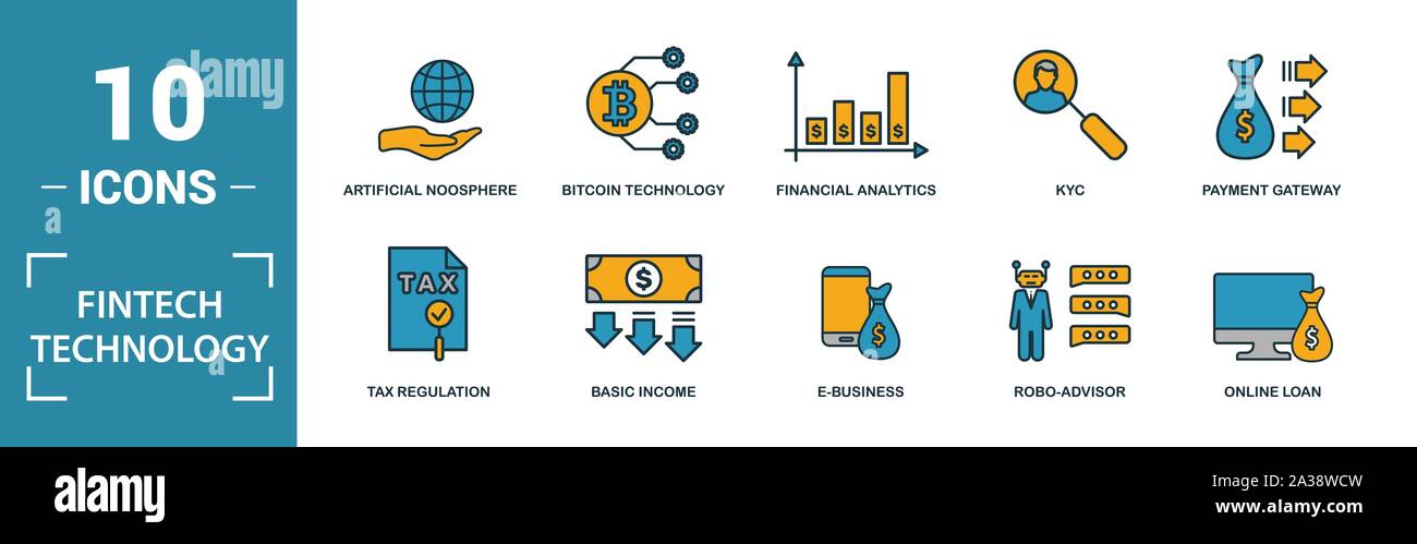 Tecnologia di Fintech icon set. Includere elementi creativi reddito base, tecnologia bitcoin, prestito online, KYC, modello di business icone. Può essere utilizzata per Illustrazione Vettoriale