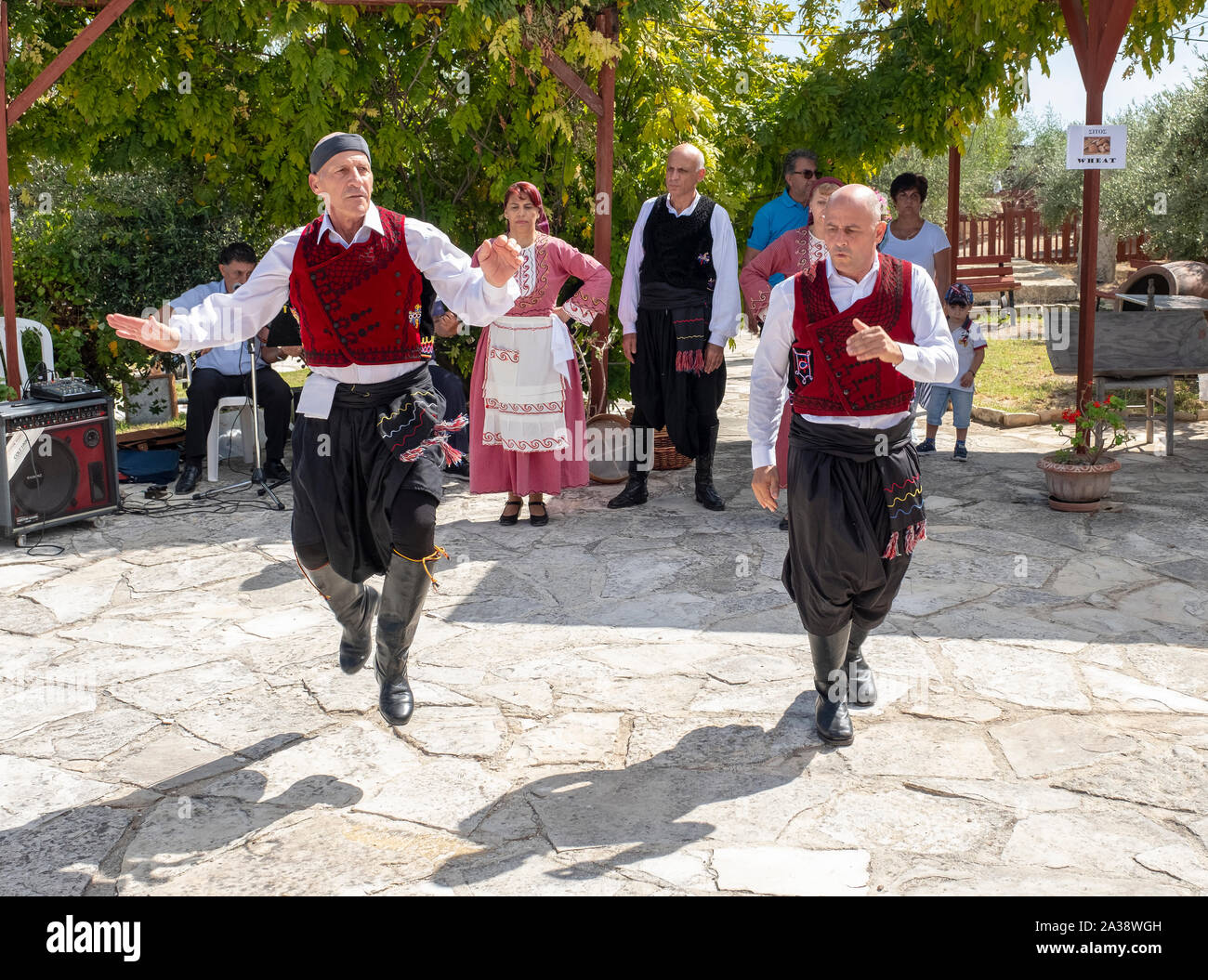 Ballerini cipriota esecuzione in costumi tradizionali all'oleastro Festival di oliva, Anogyra, Cipro. Foto Stock