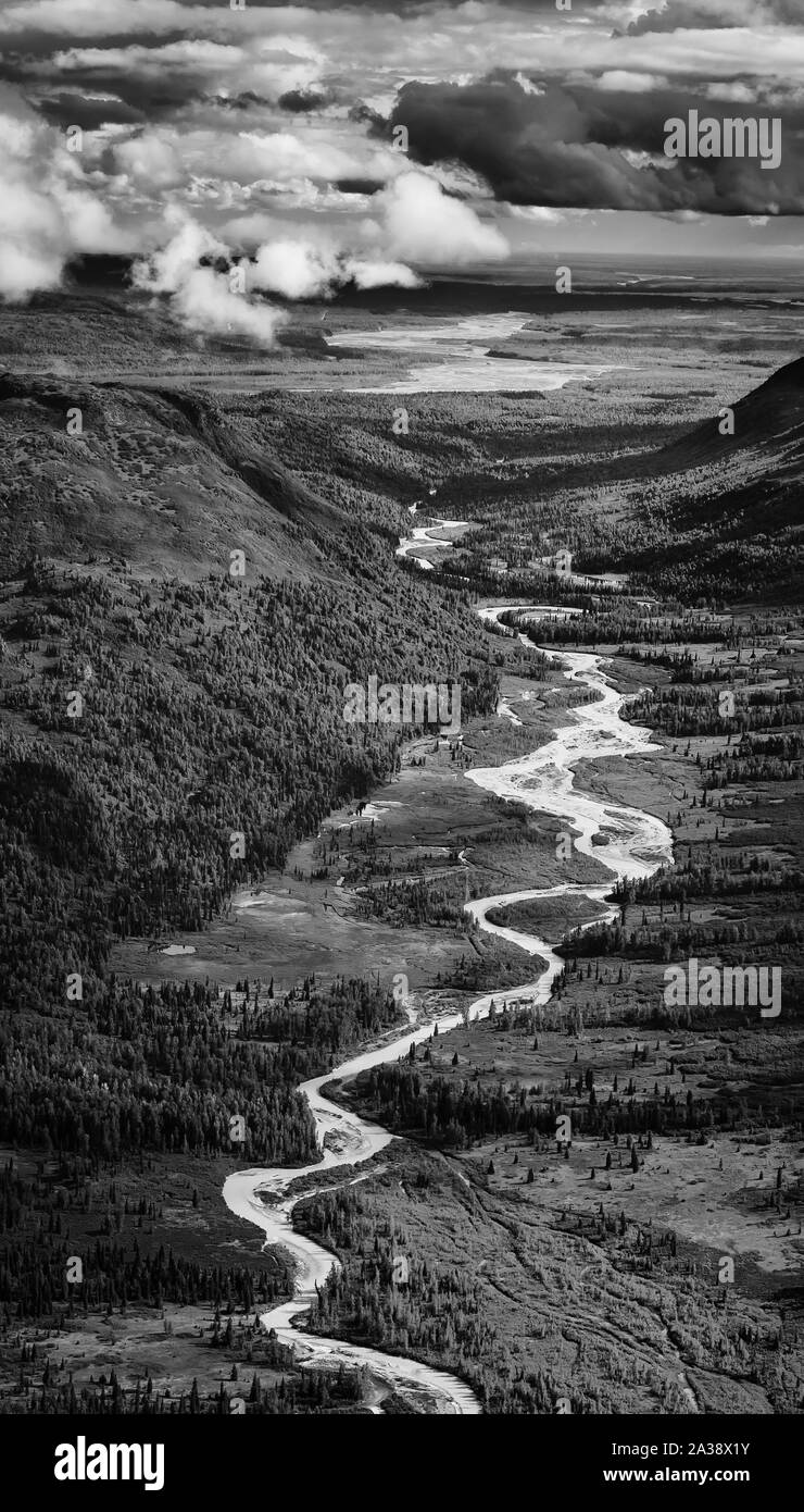 Immagine in bianco e nero di un fiume tortuoso attraverso la foresta di Nana di Alaska Foto Stock
