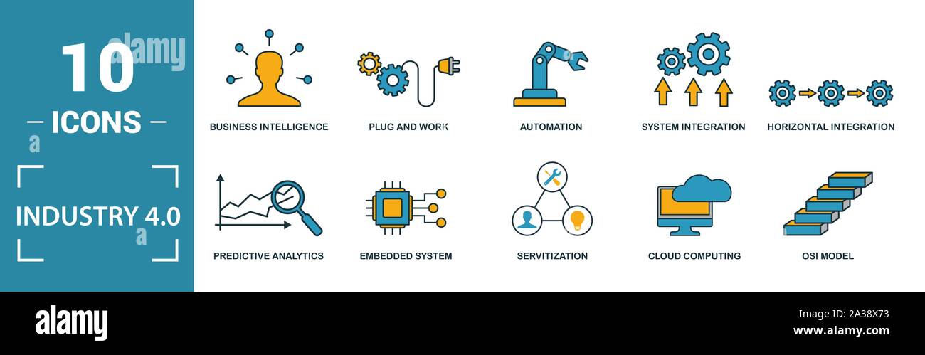 L'industria 4.0 icon set. Includere elementi creativi di automazione della gestione dei dati di business intelligence integrazione orizzontale, modello osi icone. Può essere Illustrazione Vettoriale